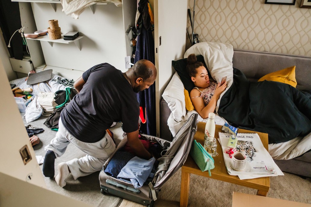 unconventional family photos in chaotic home